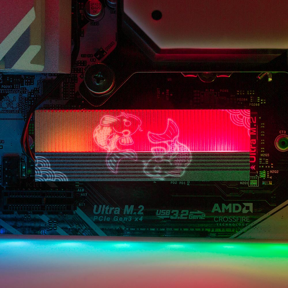 Red Neon Carpe Koi M.2 Heatsink Cover with ARGB Lighting - Donnie Art - V1Tech