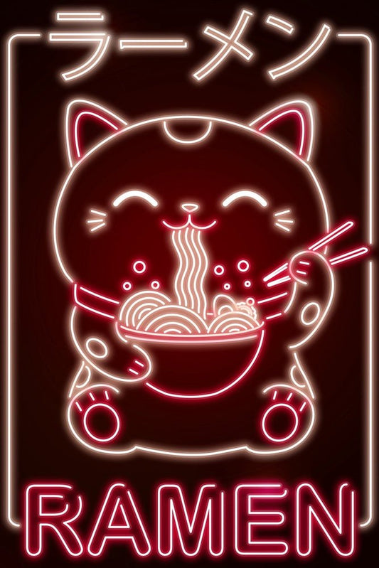 Red Neon Ramen Neko Plexi Glass Wall Art - Donnie Art - V1Tech