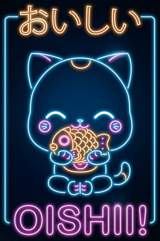 Retro Neon Tiny Cat Oishii Plexi Glass Wall Art - Donnie Art - V1Tech