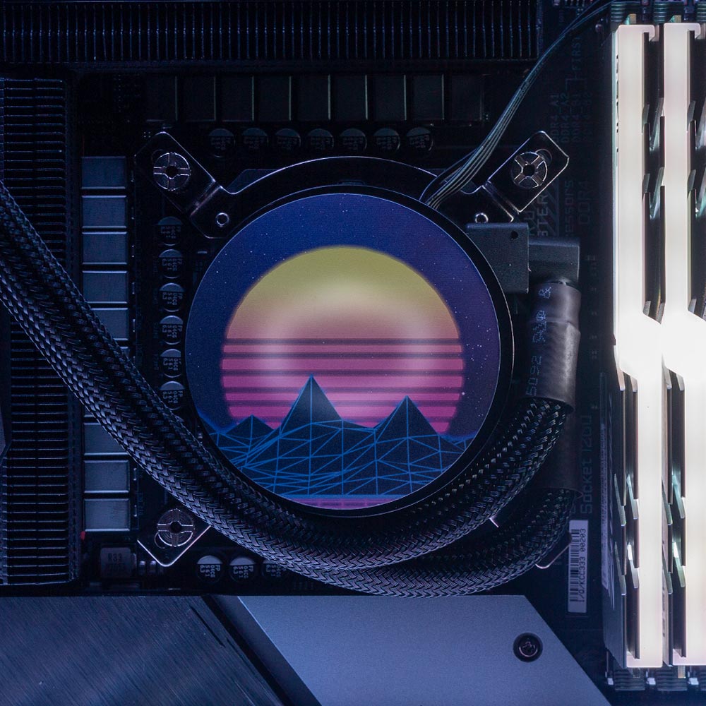 Synthwave Sunset AIO Cover for CoolerMaster MasterLiquid ML120L RGB V2 and ML360P Silver Edition ARGB - V1Tech