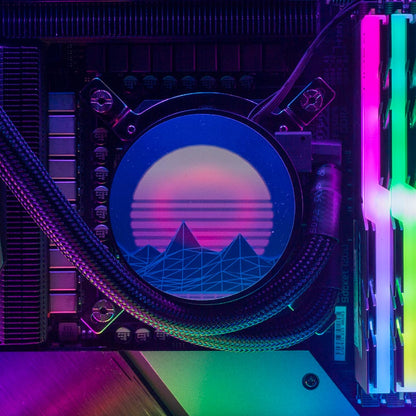 Synthwave Sunset AIO Cover for CoolerMaster MasterLiquid ML120L RGB V2 and ML360P Silver Edition ARGB - V1Tech