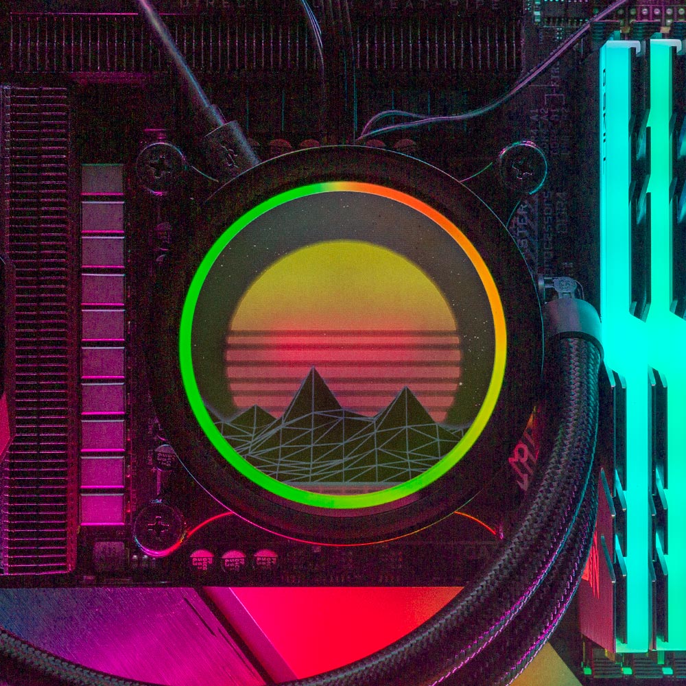 Synthwave Sunset AIO Cover for NXT Kraken M22 X53 X63 X73 RGB 120,240,280, and 360mm - V1Tech