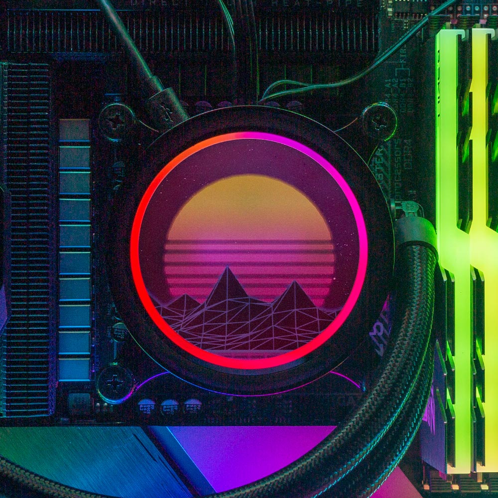 Synthwave Sunset AIO Cover for NXT Kraken M22 X53 X63 X73 RGB 120,240,280, and 360mm - V1Tech