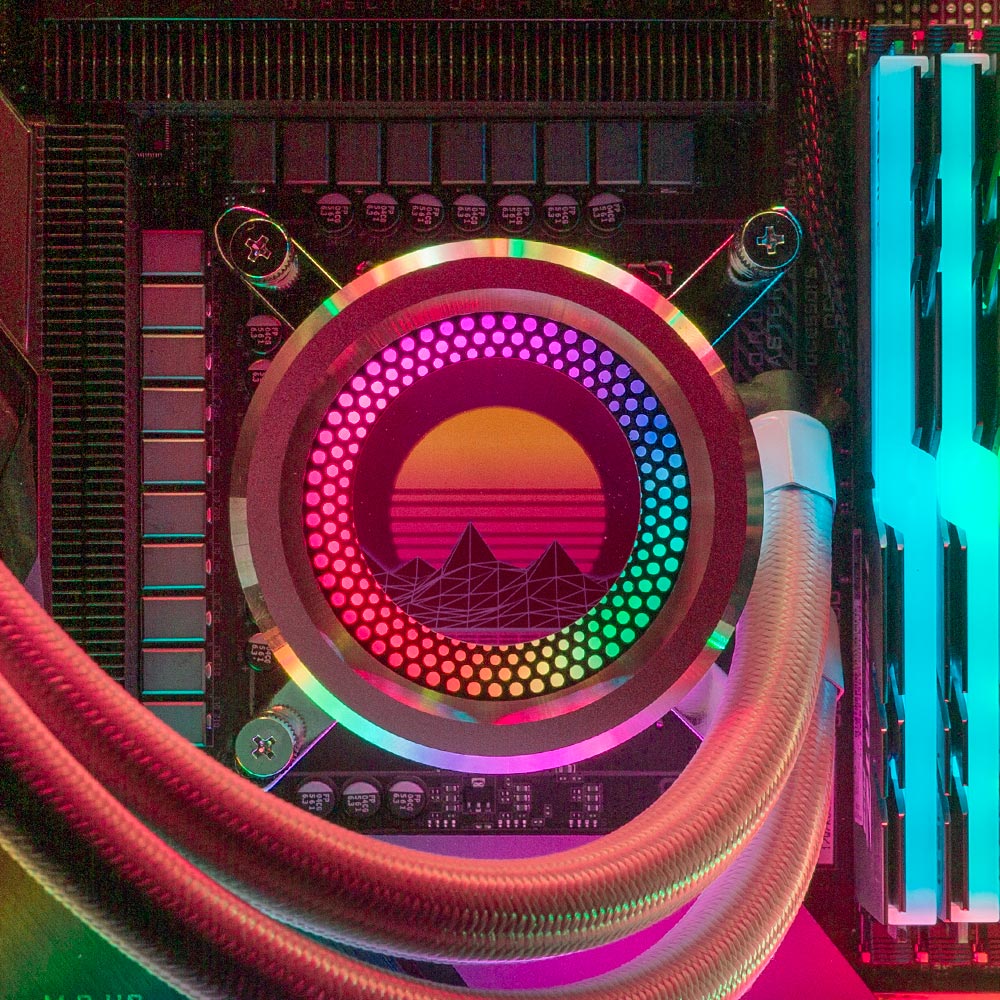 Synthwave Sunset AIO Cover for Small Circle of Lian Li LIAN LI GALAHAD AIO240 360 RGB BLACK and White - V1Tech