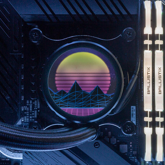 Synthwave Sunset AIO Cover for Thermaltake Water 3.0, Floe, Floe DX, TH, TR4, 120mm, 240mm, 280mm, 360mm ARGB, Black, and White/Snow Edition - V1Tech