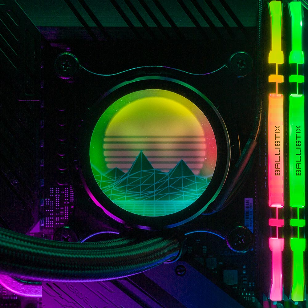 Synthwave Sunset AIO Cover for Thermaltake Water 3.0, Floe, Floe DX, TH, TR4, 120mm, 240mm, 280mm, 360mm ARGB, Black, and White/Snow Edition - V1Tech