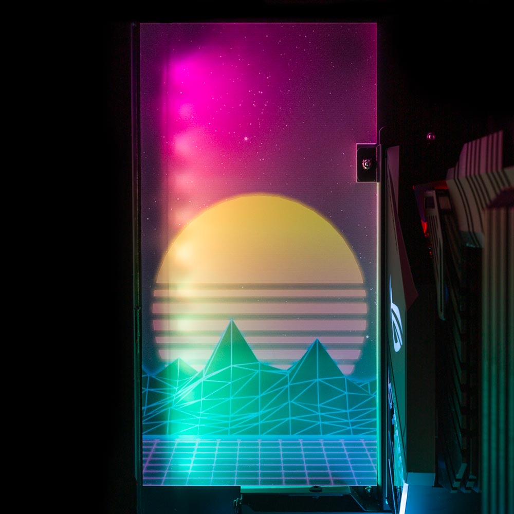 Synthwave Sunset Lian Li O11 and Dynamic and XL Rear Panel Plate Cover with ARGB LED Lighting - V1Tech